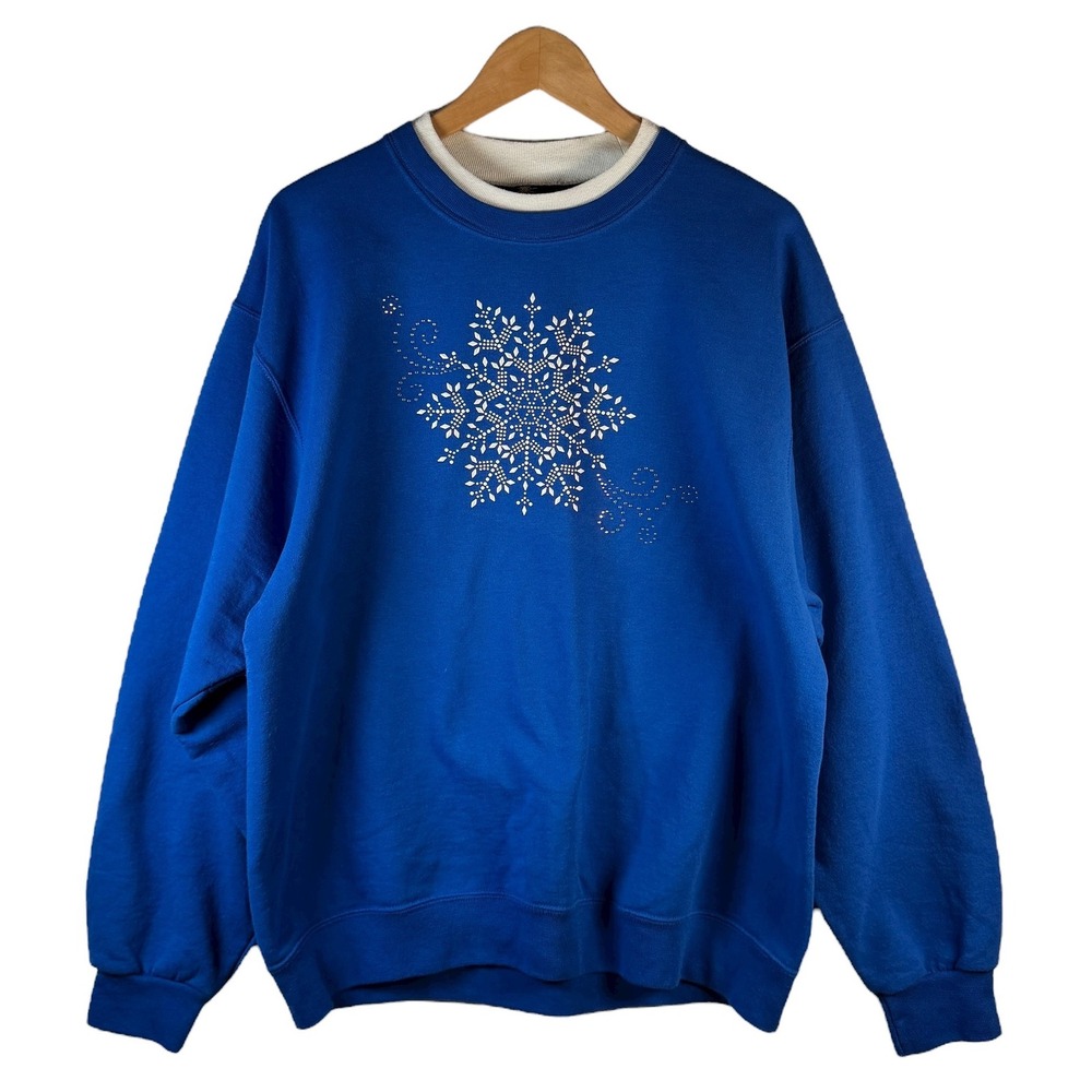 Vintage Morning Sun Snowflake Rhinestone Winter‎ Sweatshirt Blue L Womens